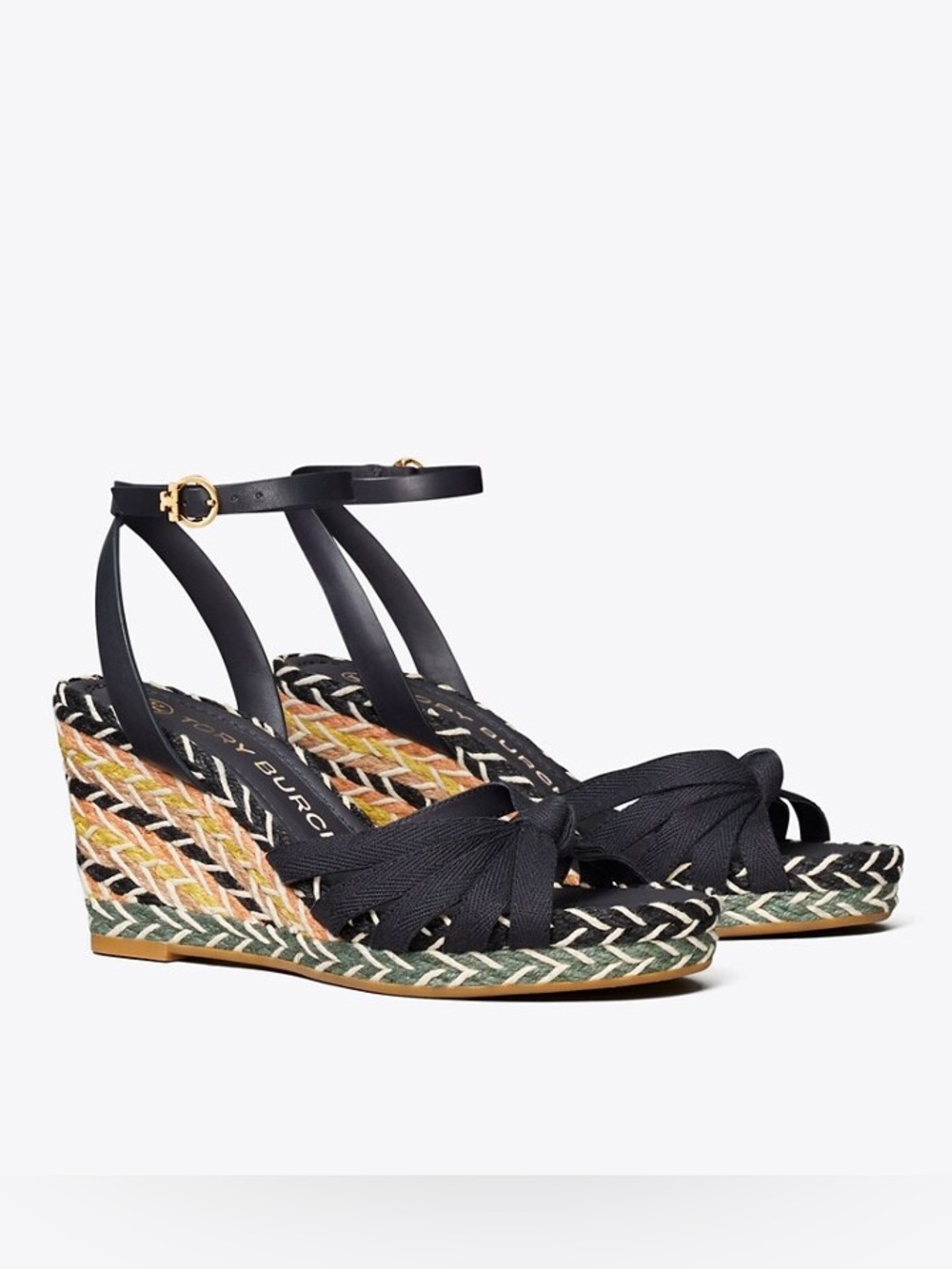 Tory Burch Navy + Multicoloted Ankle-Strap Espadrille Wedges